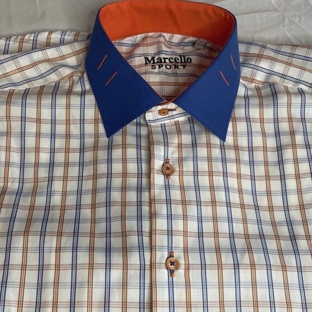 Marcello Sport Button Down Shirt Mens Medium Plaid Contrast Collar Long Sleeve‎